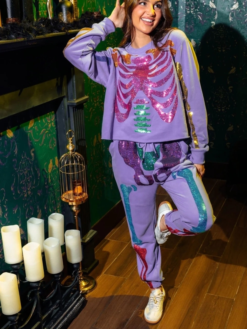 QUEEN OF SPARKLES Lavender Sequin Skeleton Track Joggers Set